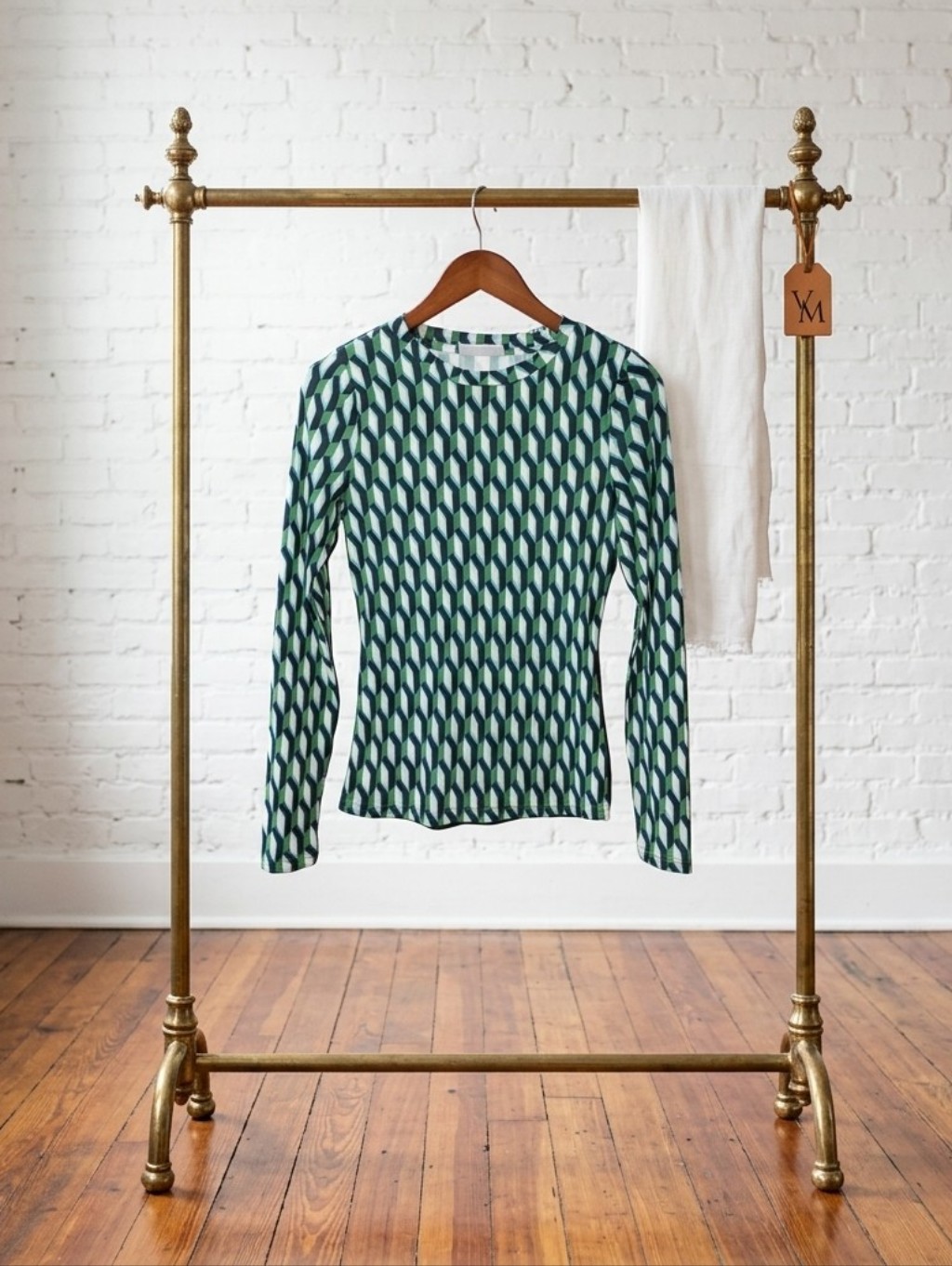 Diane Von Furstenberg For Target Green And Navy Geometric Long Sleeve Tee
